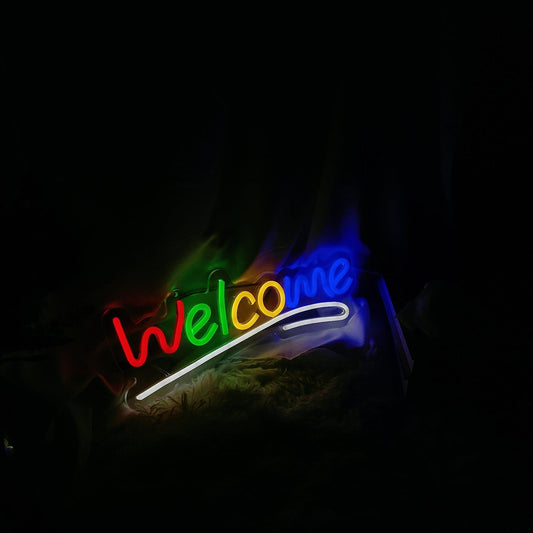Multicolour Welcome LED neon sign for a university Freshers Week event by Neon Punk
