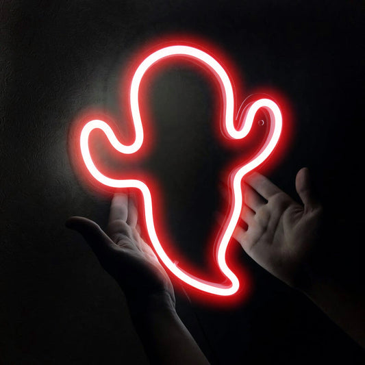Ghost LED neon sign glowing as Halloween party wall decor by Neon Punk