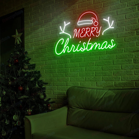 Merry Christmas with Santa Hat & Antlers LED Neon Sign